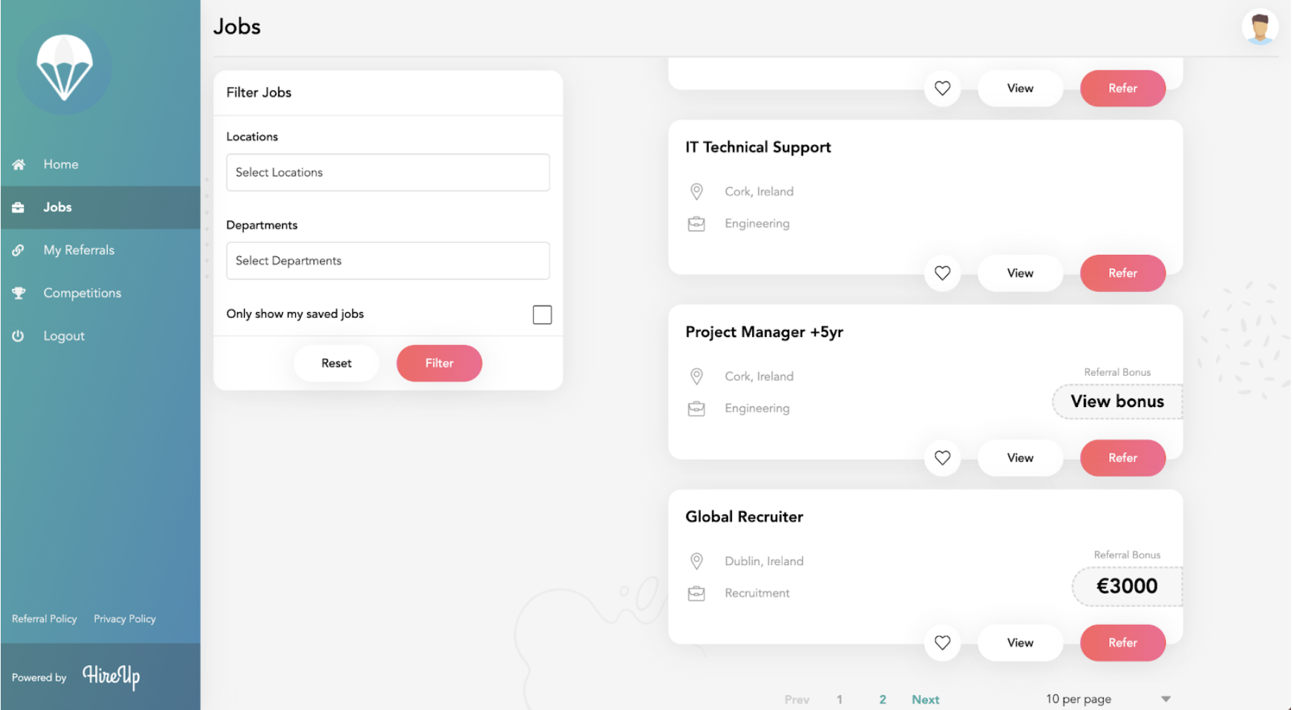 Jobs page in HireUp