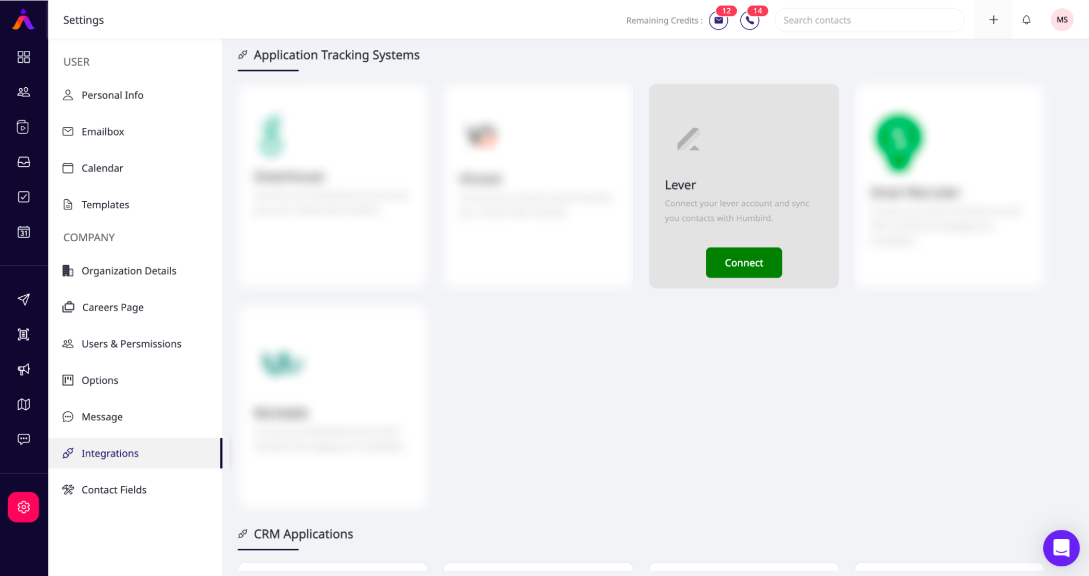 Connect button on Lever tile on Humbird AI integrations page