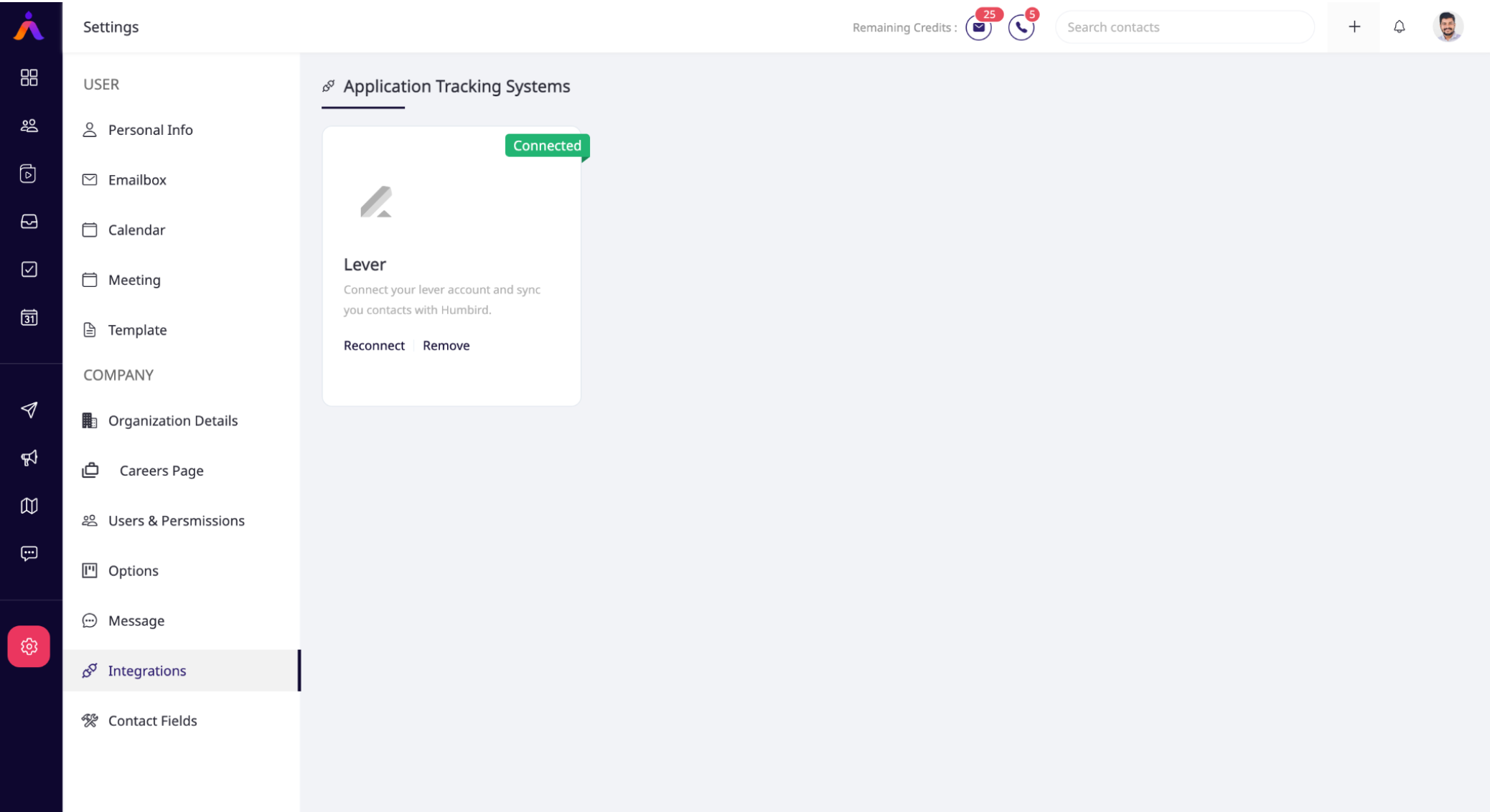 Lever tile on Humbird AI integrations page labelled as connected