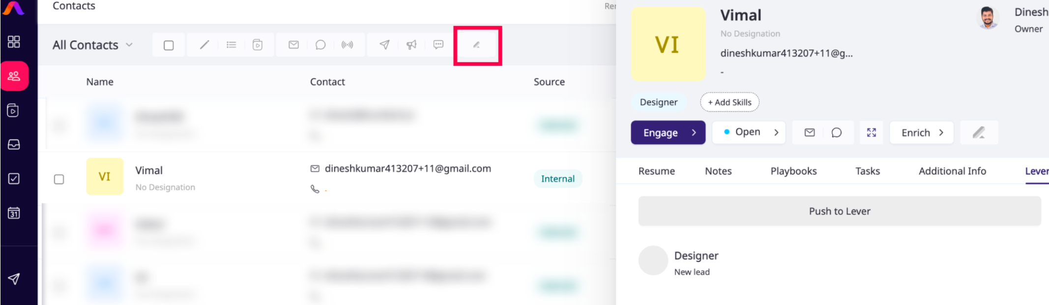 Left frame: Lever icon above contact list is outlined; Right frame: Contact profile in Humbird AI