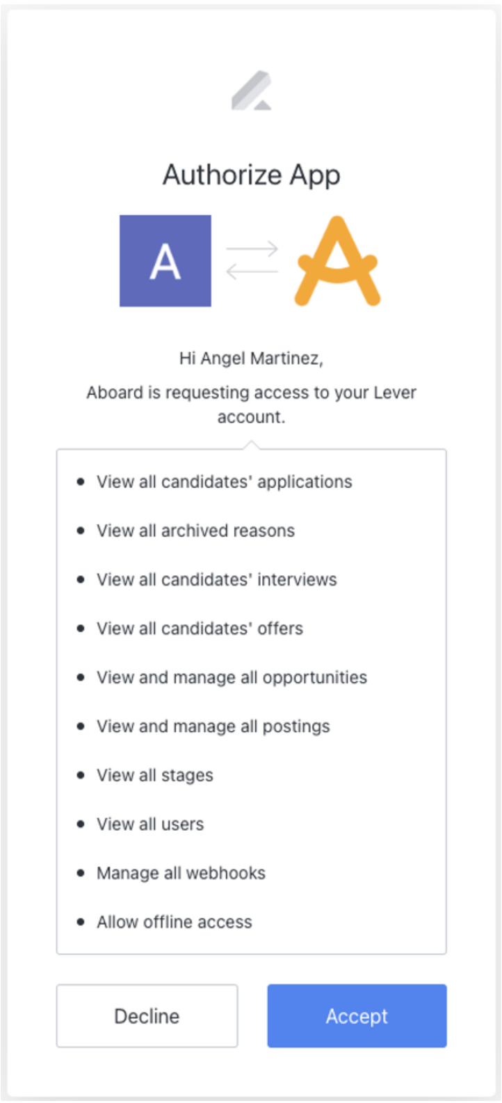 App authorization modal with listed permissions
