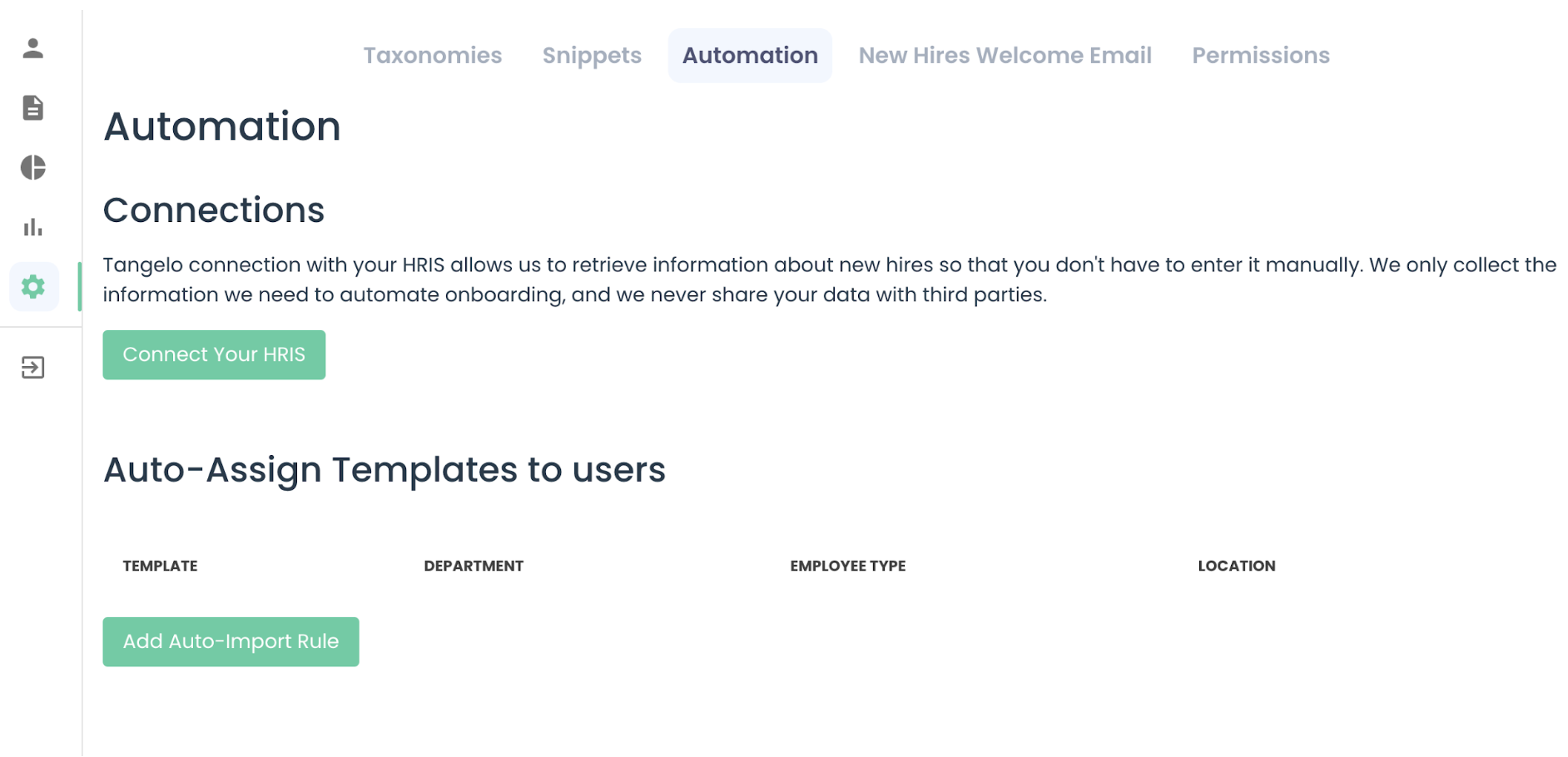 Automation settings page in Tangelo