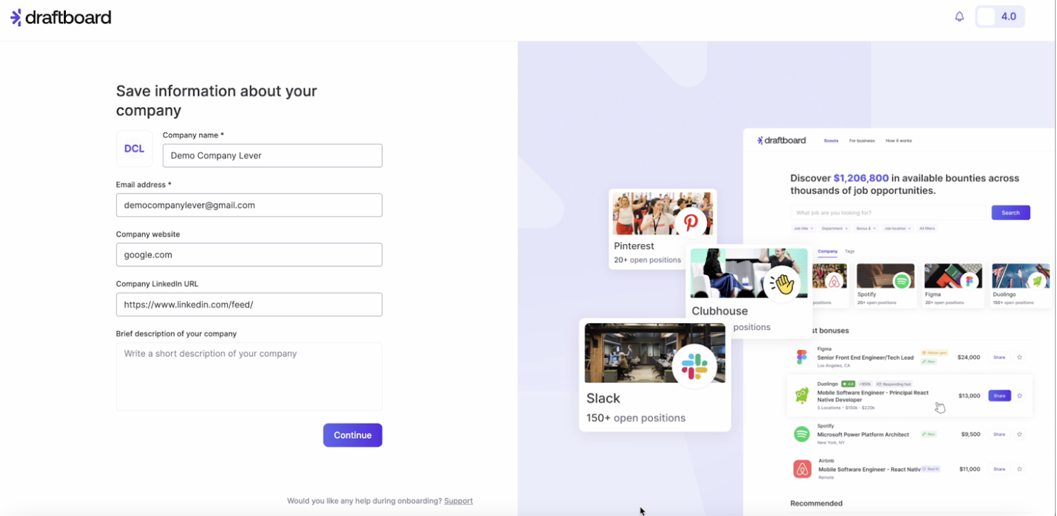 Draftcoard account creation page with company information form