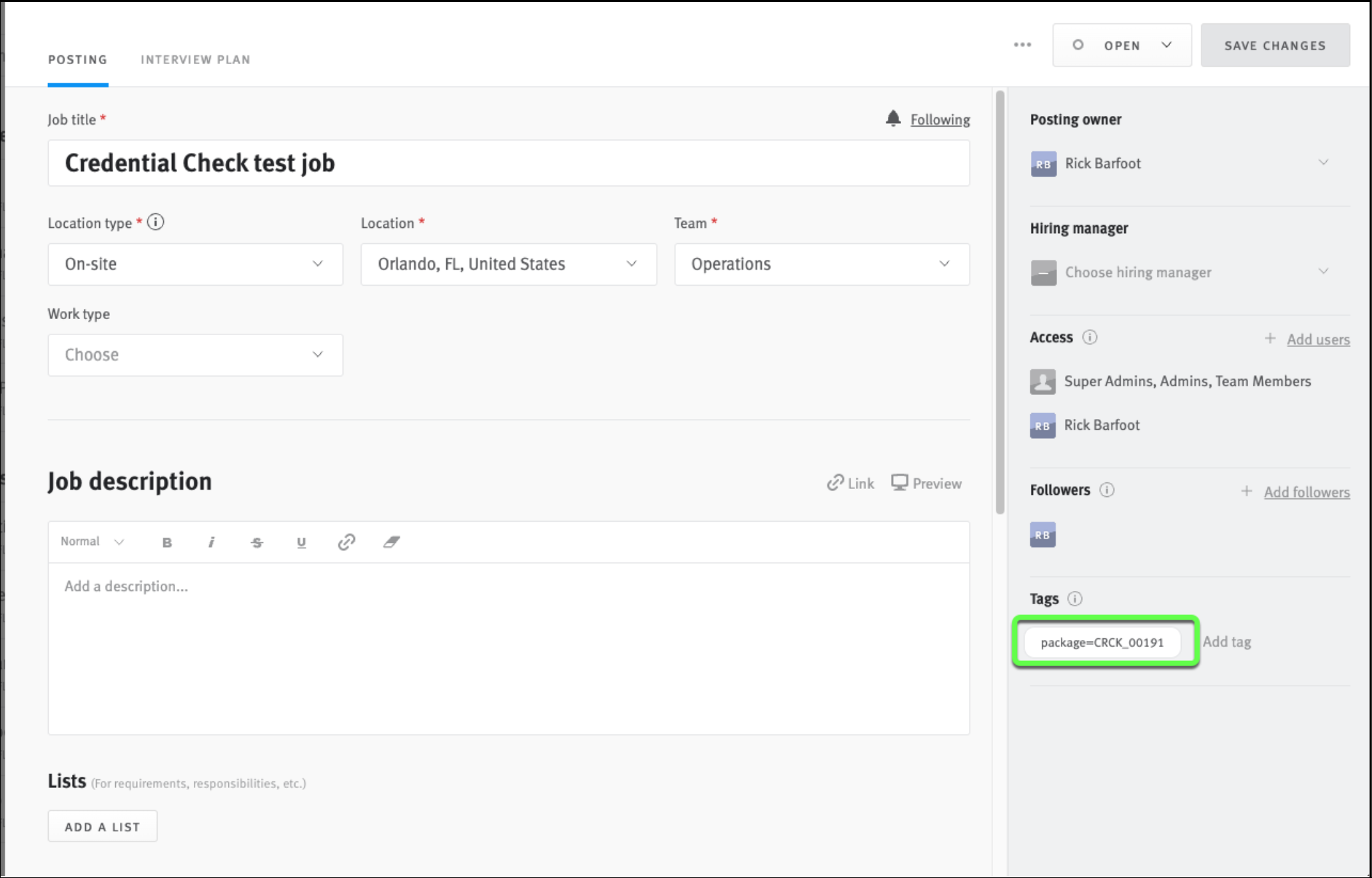 Tag outlined in Lever job posting editor.