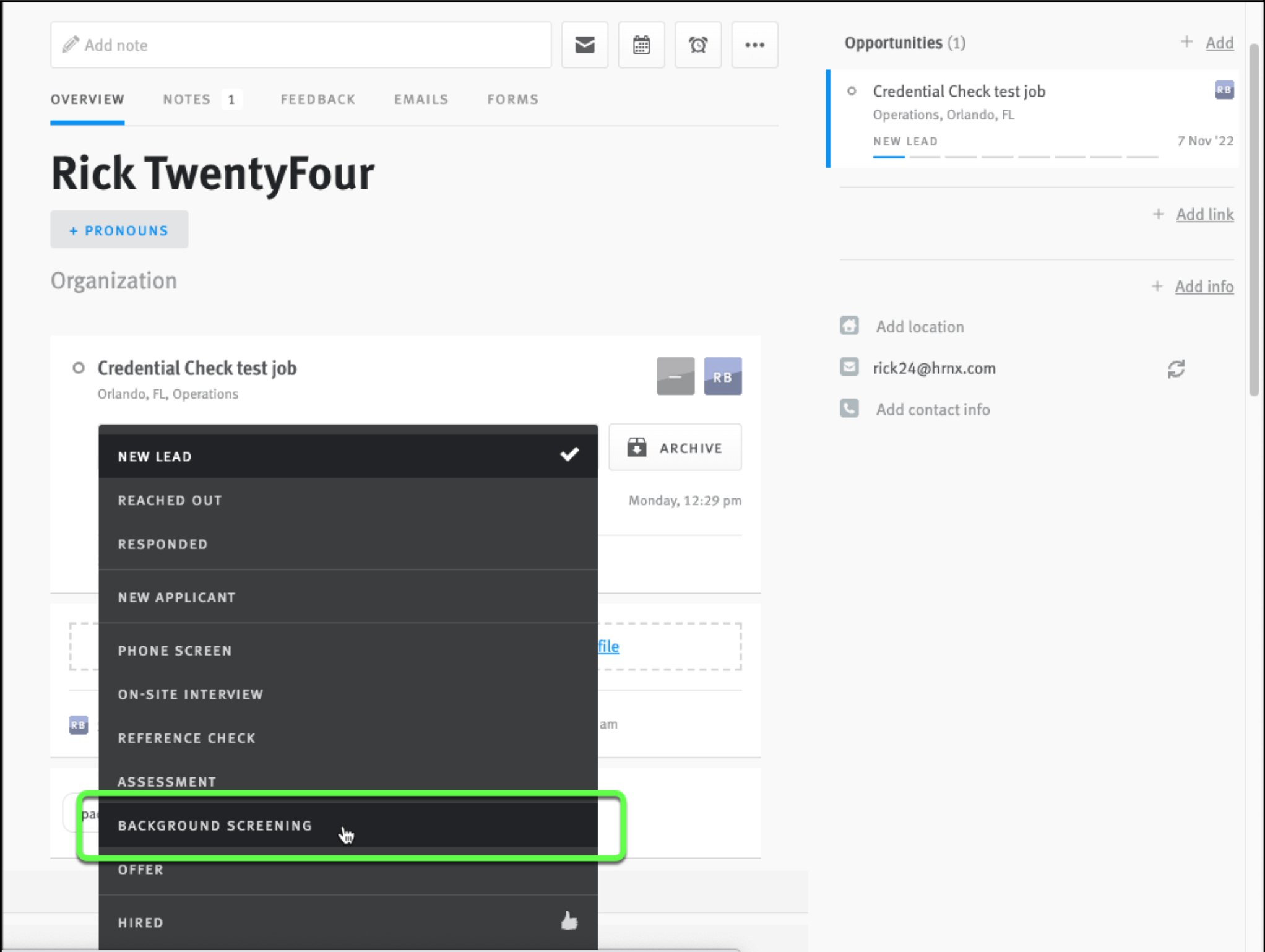 Stage menu expanded on opportunity profile, Background Screening stage highlighted on hover.