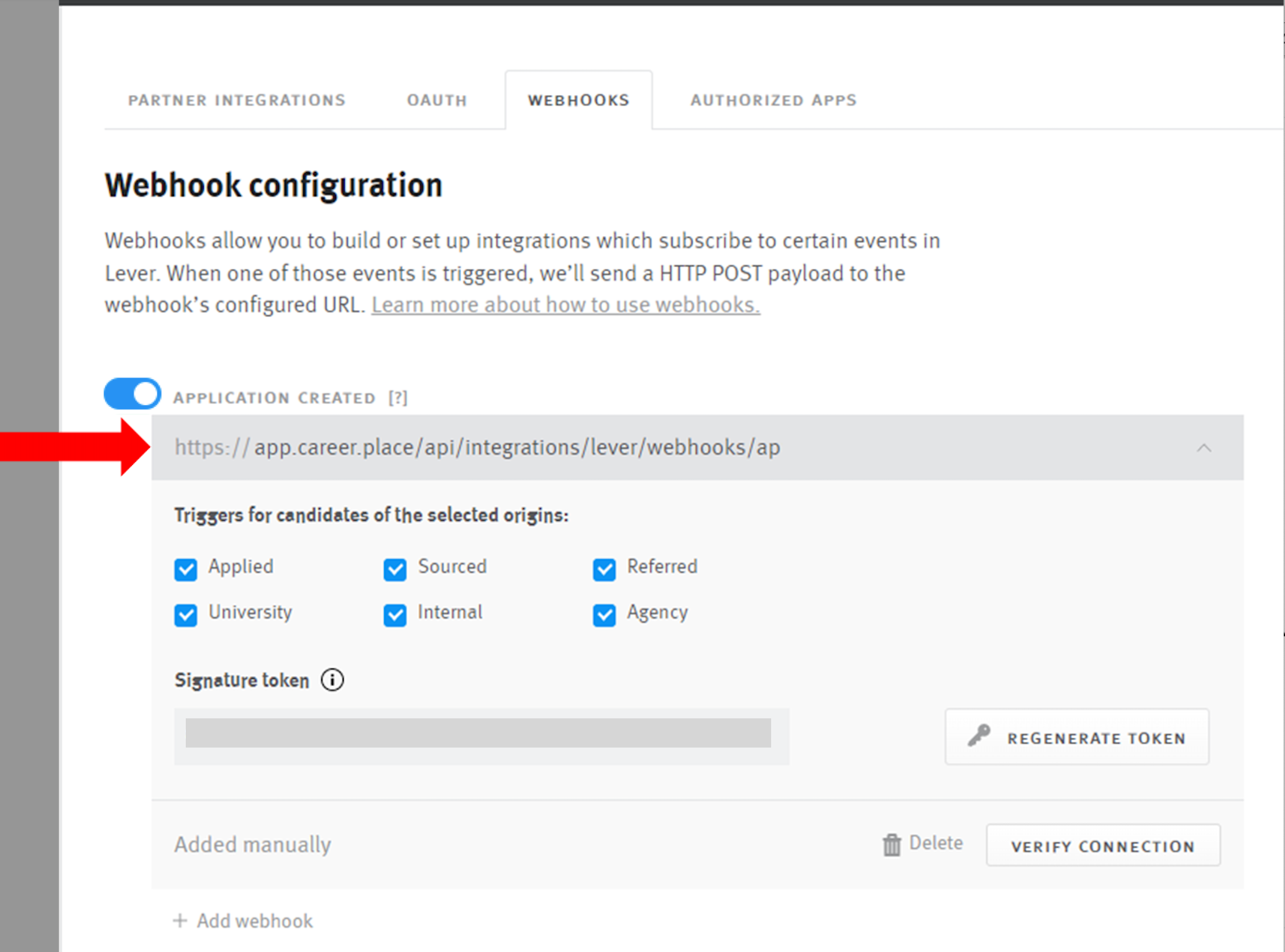 Arrow pointing to URL field on Application Created webhook tile in Lever settings