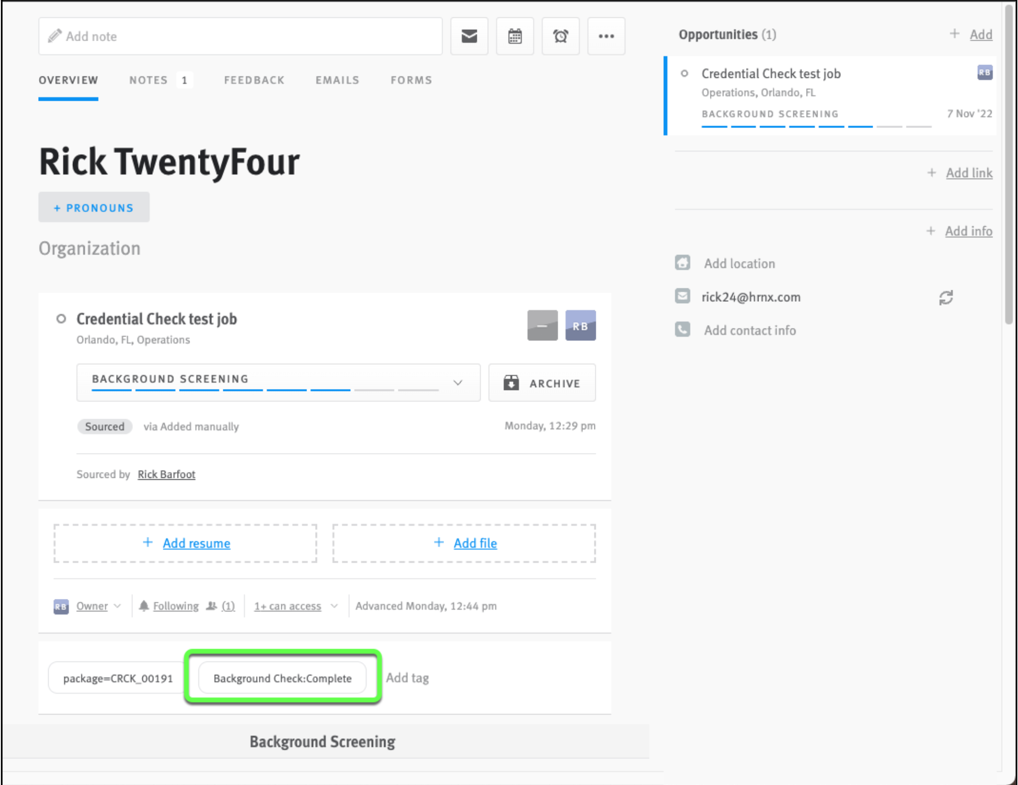 Opportunity profile with tag outlined reading Background Check Complete.