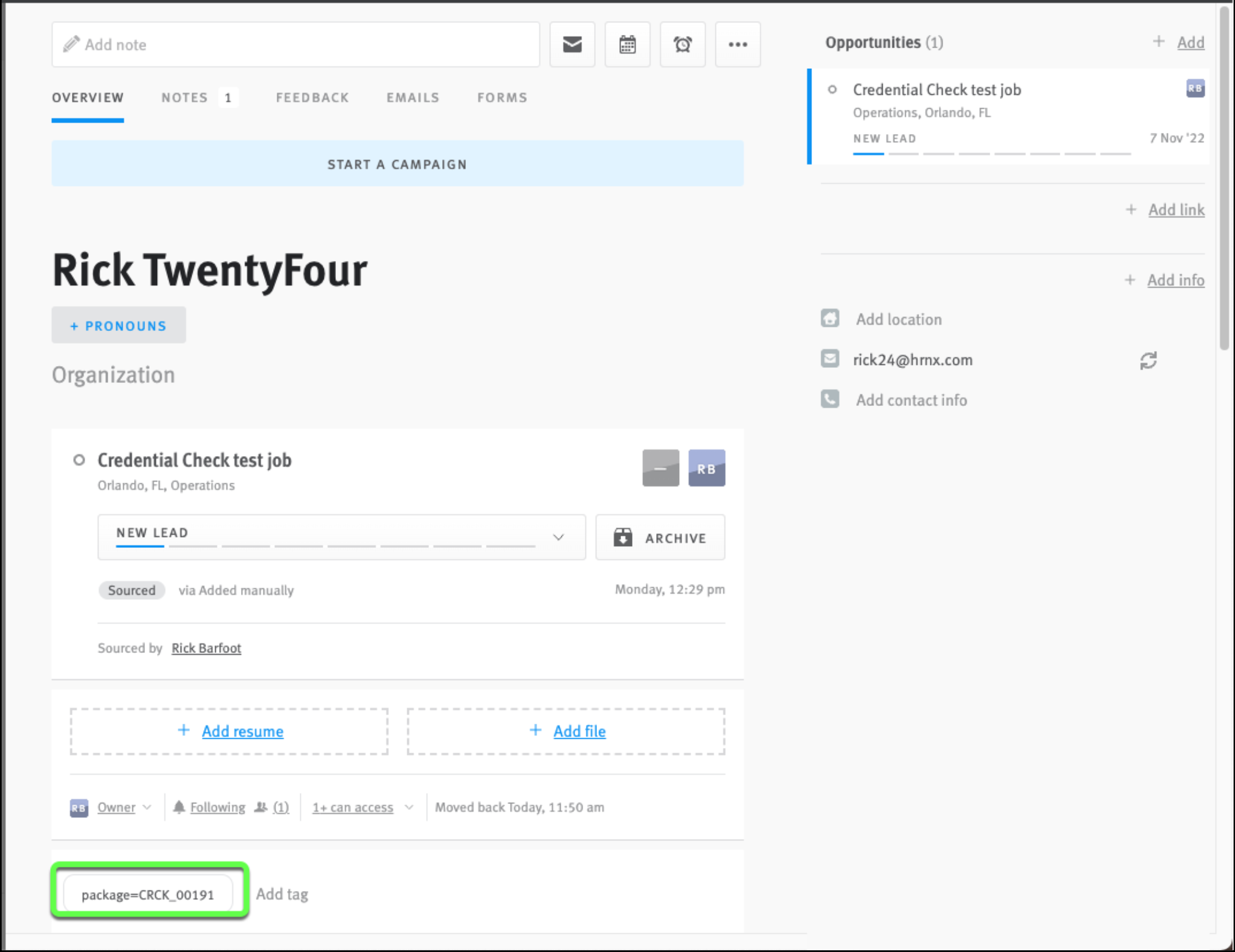 Tag from posting editor in previous image outlined on opportunity profile in Lever