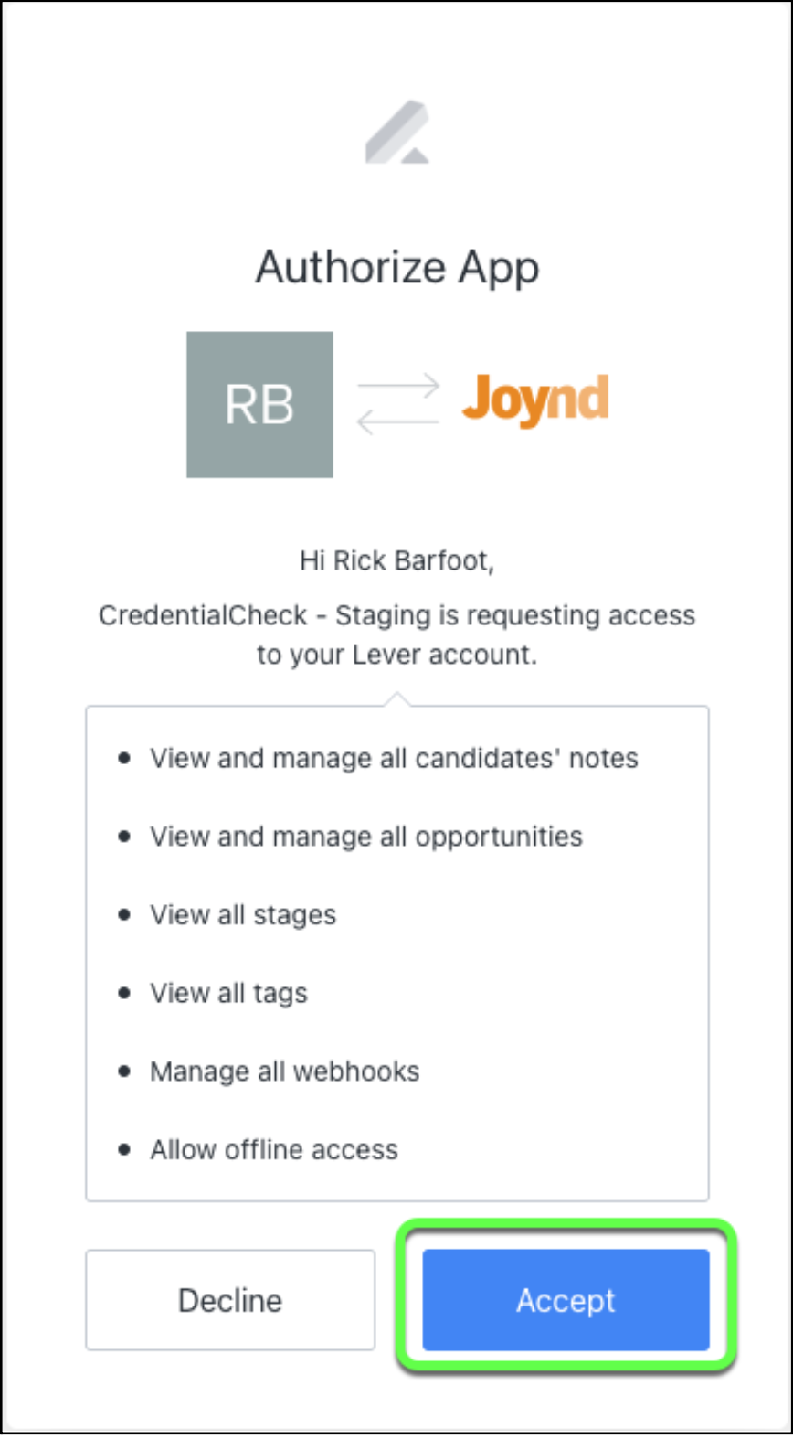 App authorization modal with permission list, Accept button is outlined