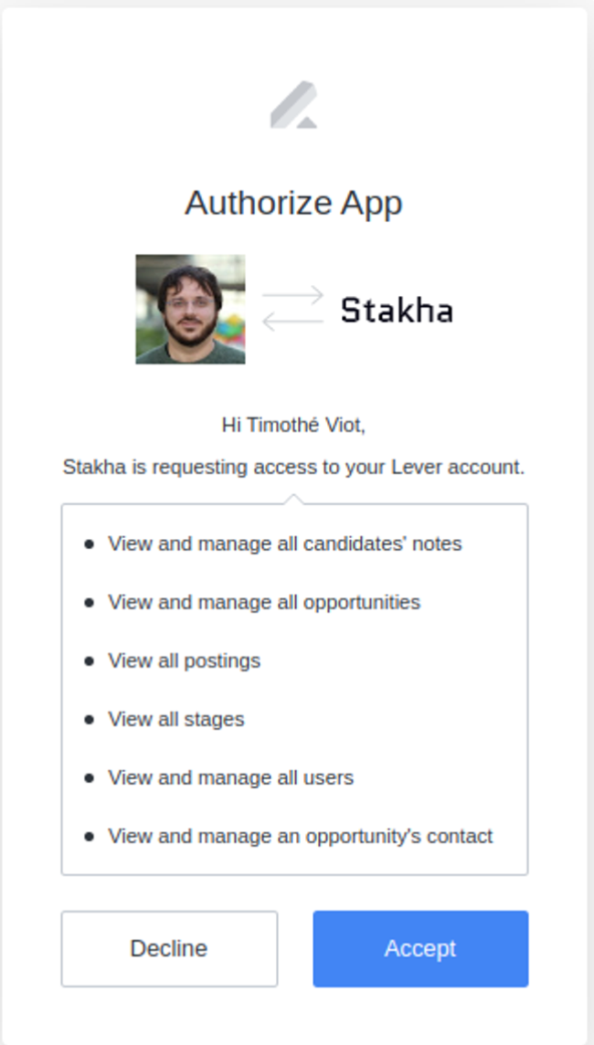 Integration authorization modal with permissions listed