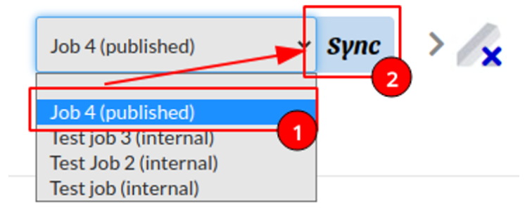 Sync button outlined on job in Stakha, menu expanded listing jobs in Lever to which the Stakha job can be synced