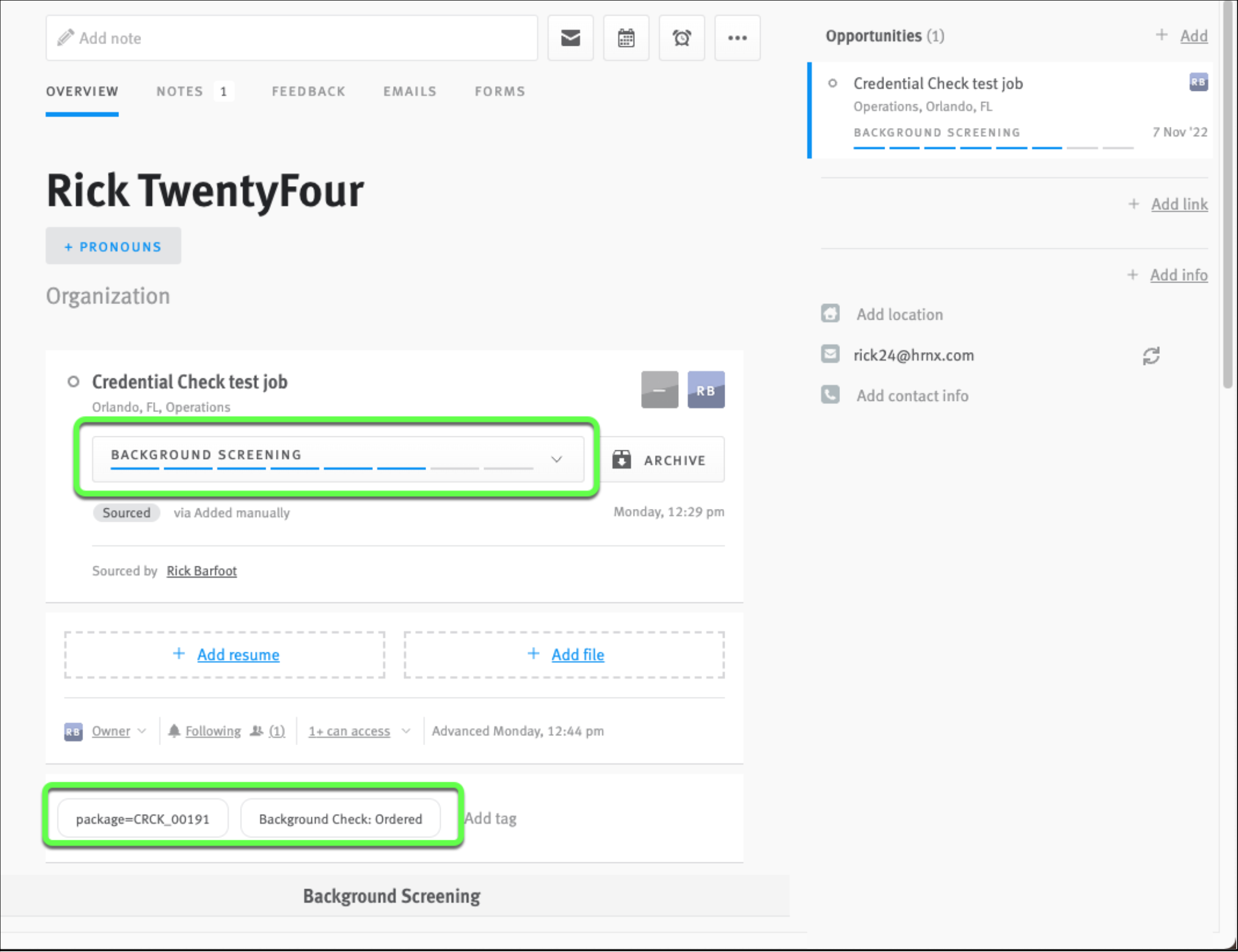 Opportunity profile with tag outlined reading Background Check Ordered.