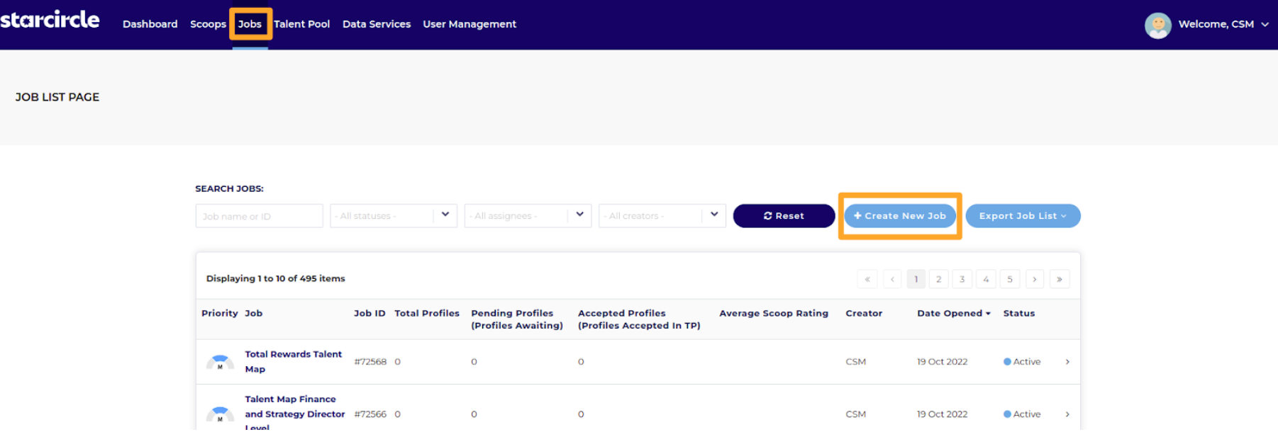 Starcircle jobs dashboard with Jobs tage and Create new job button outlined.