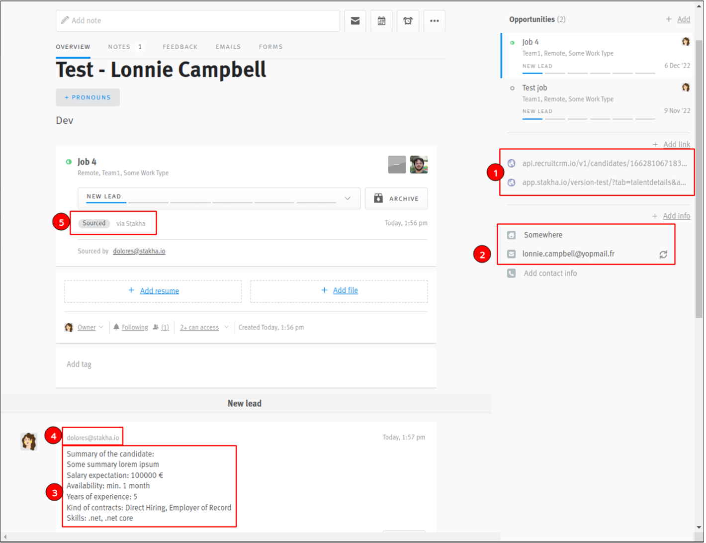 Candidate profile in Lever with fields outlined to indicate information that has passed from Stakha to Lever