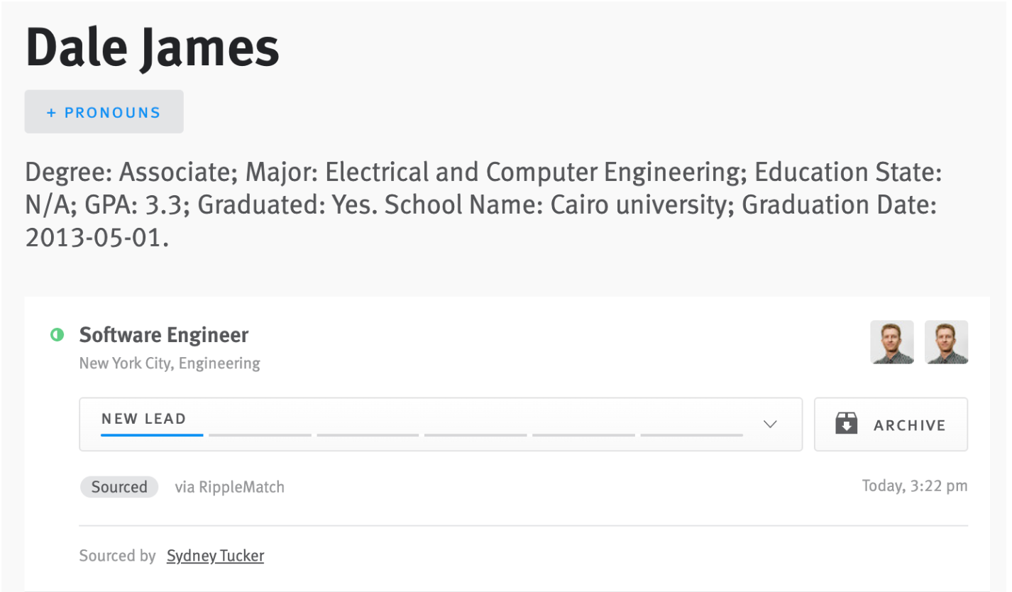 Candidate profile in Lever corresponding to mapped role in RippleMatch
