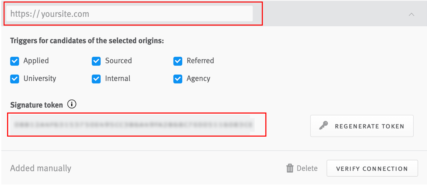 URL and signature token fields outlined on webhook configuration tile.