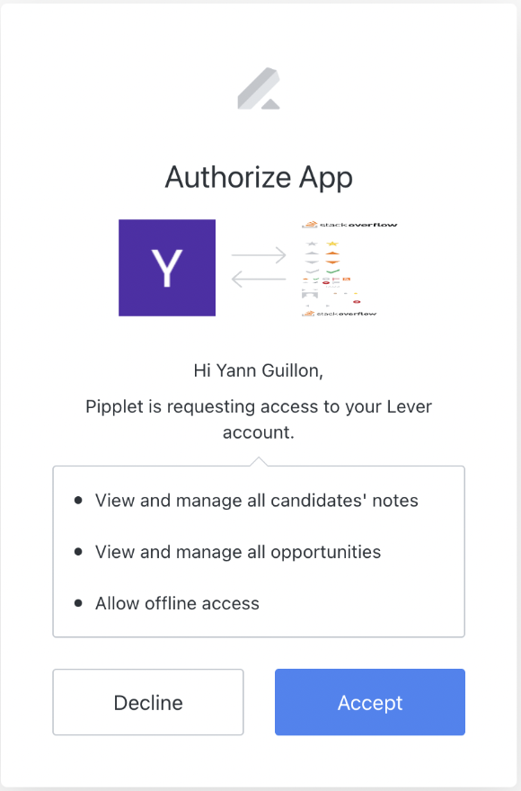 App authorization modal with listed permissions