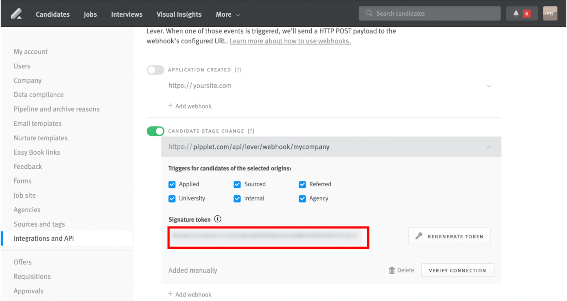 Lever integrations and API page with pipplet signature token outlined
