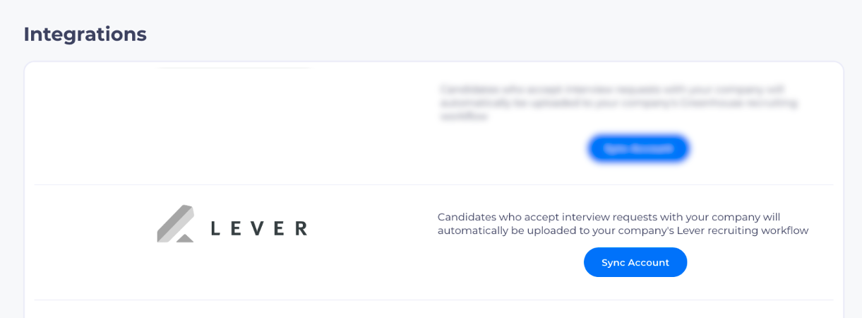 Lever listing on RippleMatch integrations page with sync account button shown.