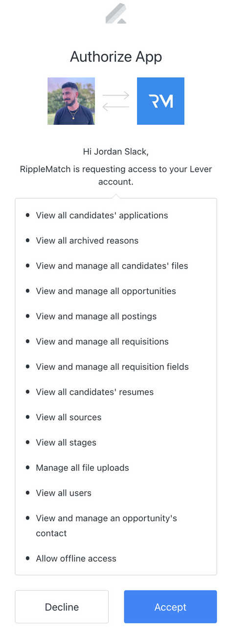 App authorization modal with permission list