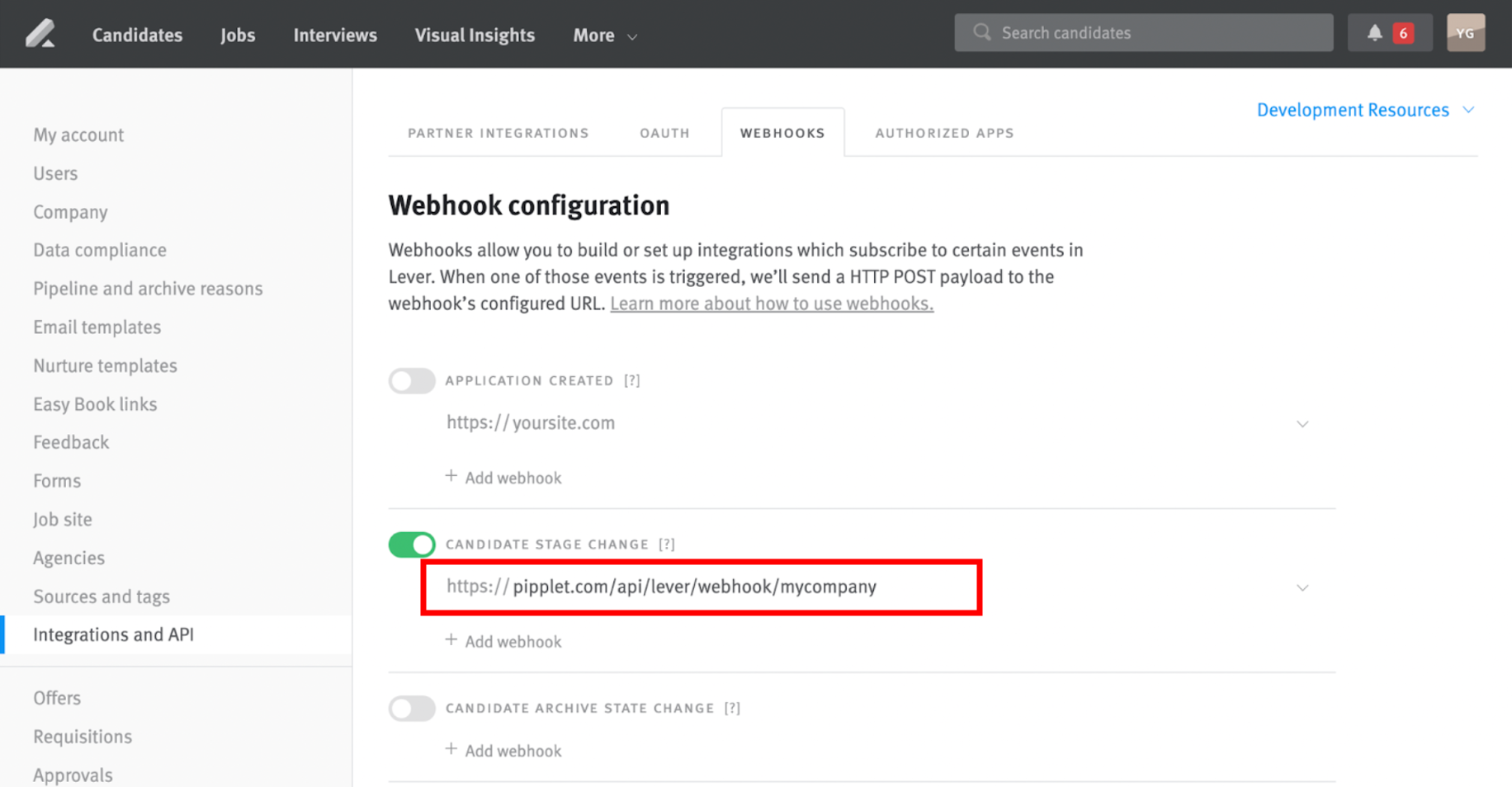 Lever integrations and API page with pipplet URL outlined