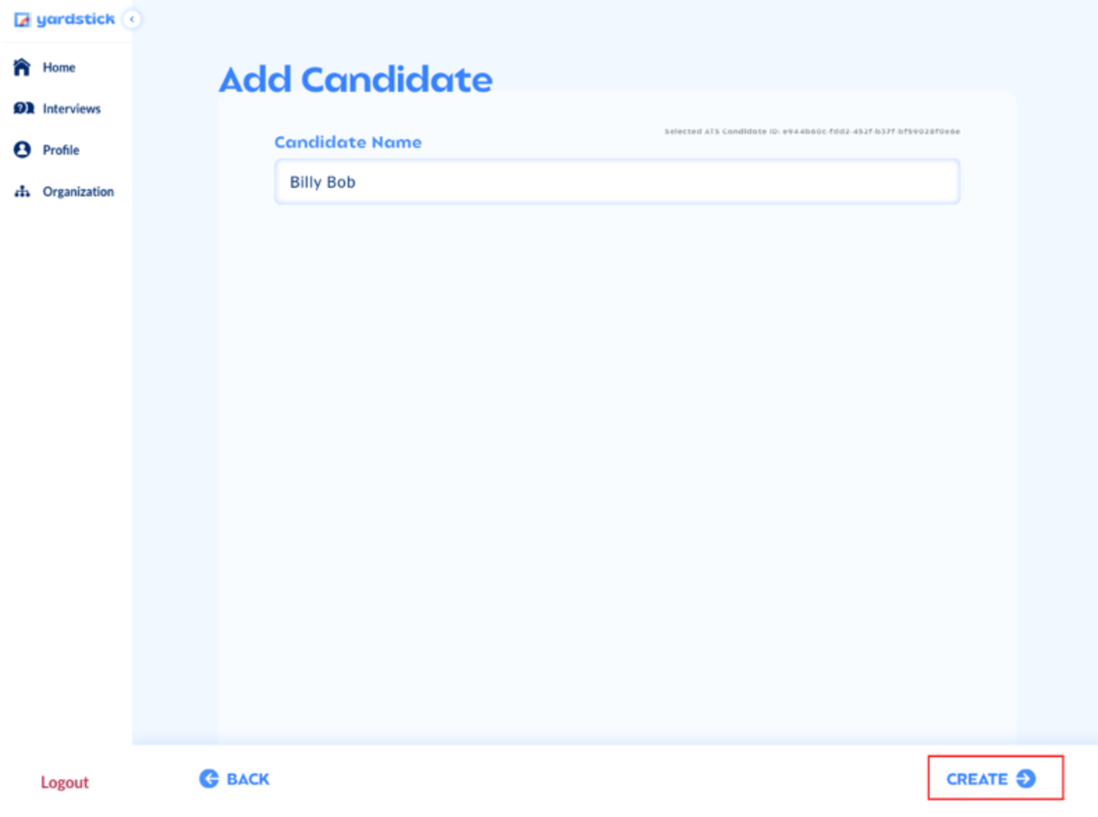 Yardstick add candidate page with candidate name field filled in