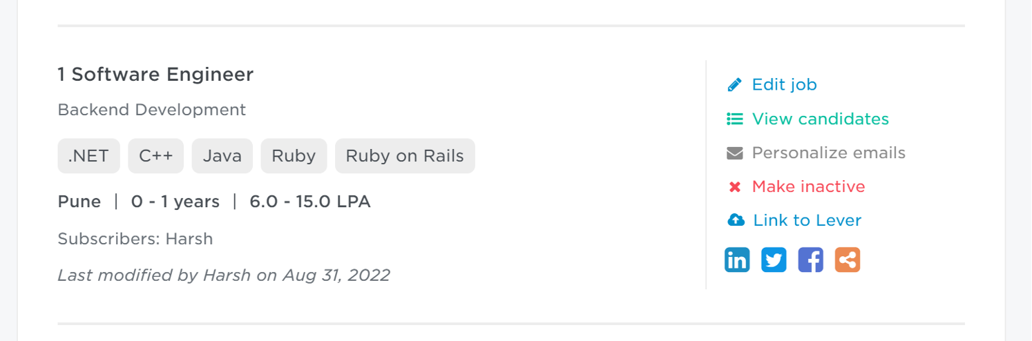 Instahyre jobs page showing job listing