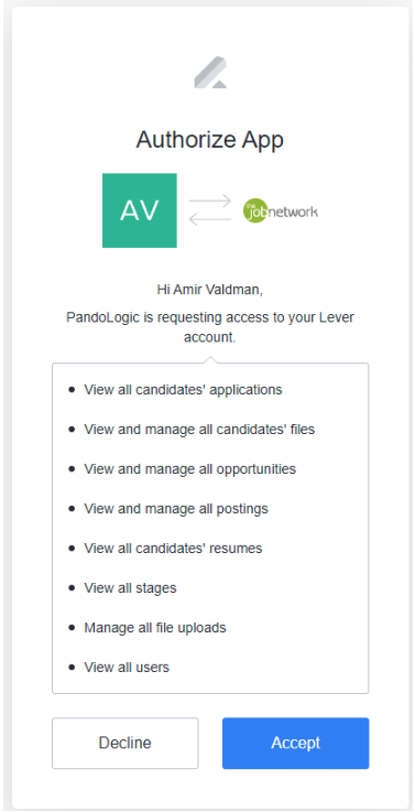 Authorize app modal showing list of permissions and blue accept button