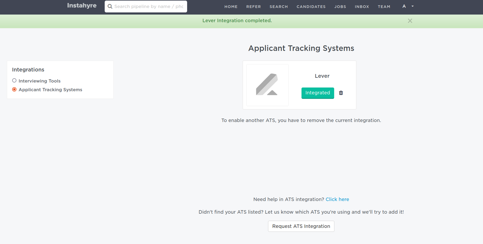 Instahyre platform with lever listed in applicant tracking settings