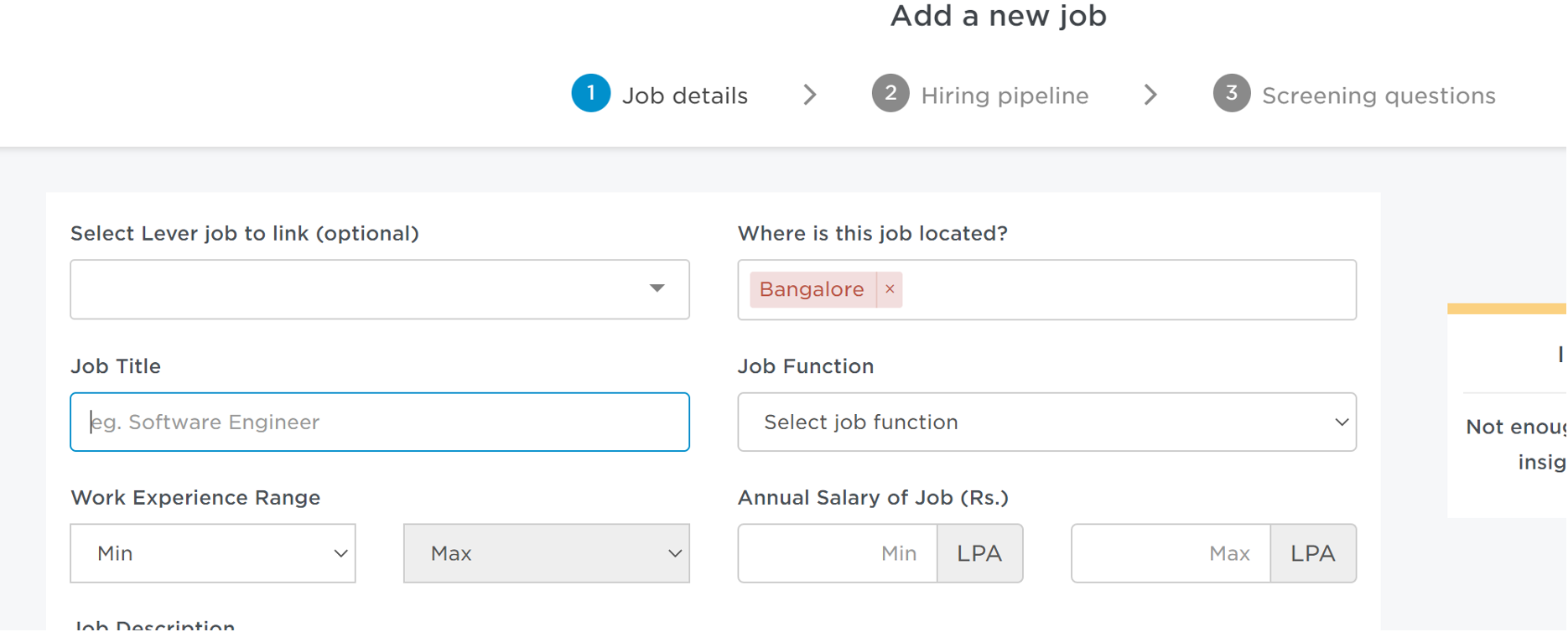 Instahyre platform showing add a new job form