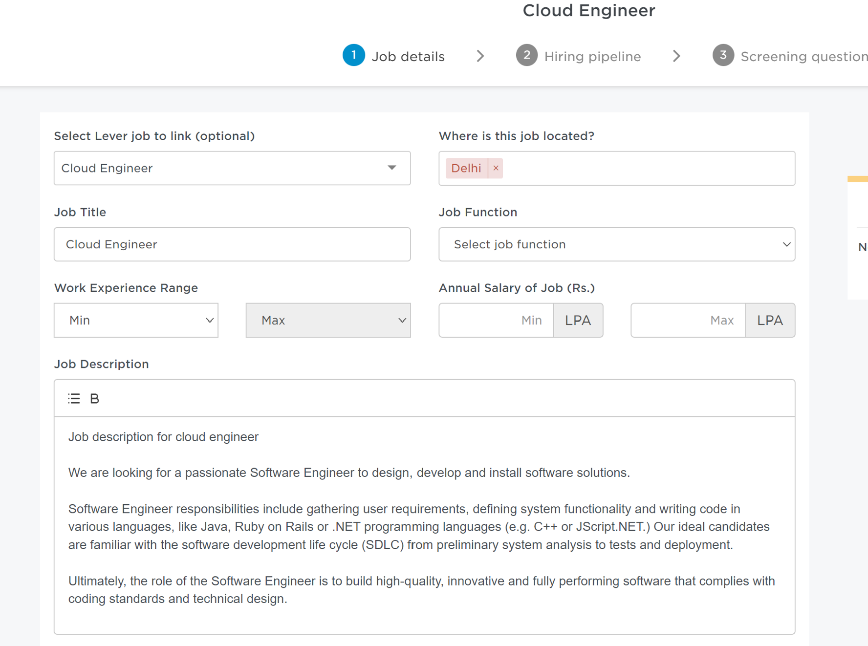 Instahyre platform showing add a new job form with job description field filled in