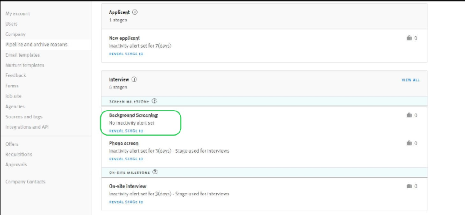 Lever pipeline and archive reasons page with background screening listing outlined
