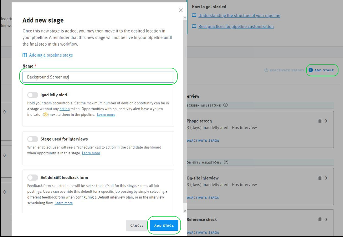 Lever add new stage editor with name field outlined and add stage button outlined
