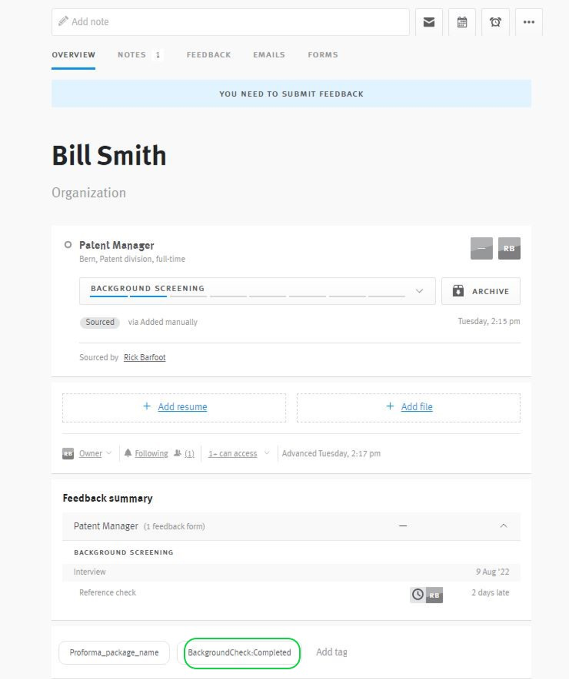 Lever candidate profile with proforma background check completed tag outlined