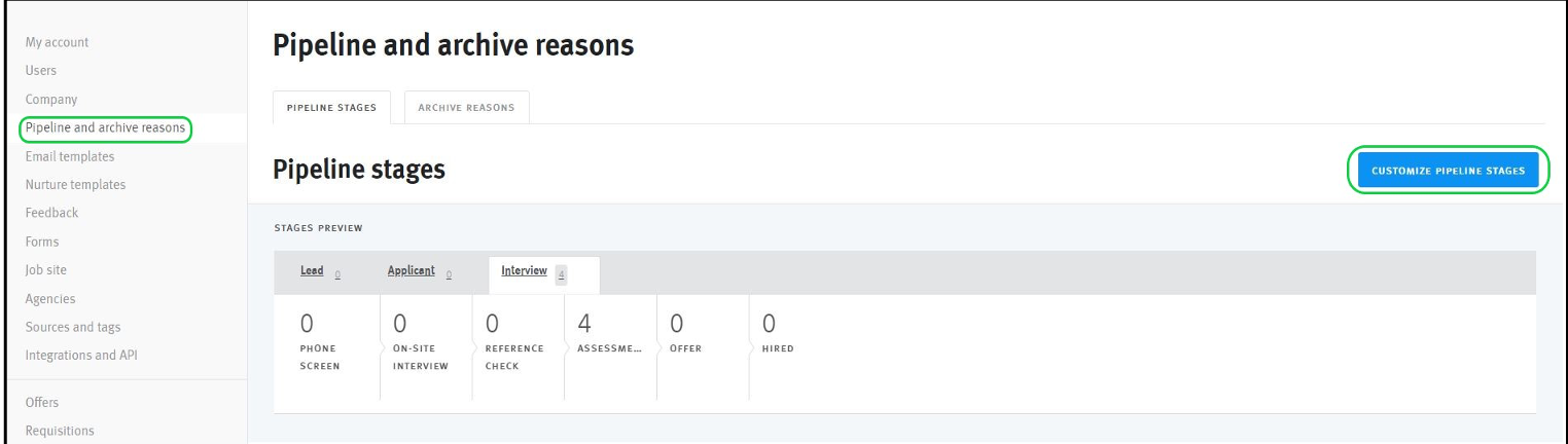 Lever pipeline and archive reasons page showing pipeline stages and customize pipeline stages button outlined