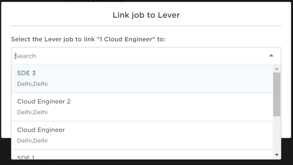 Instahyre jobs page with link job to lever modal and job listing dropdown