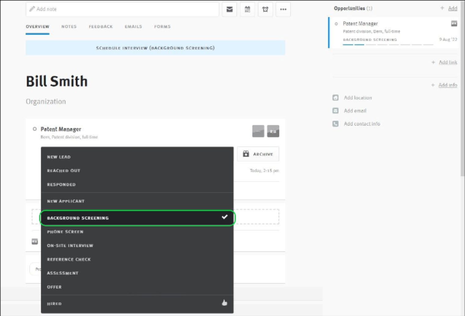 Lever job posting with stage selected from stage menu