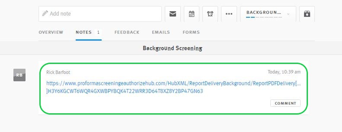 Lever candidate profile with proforma link in candidate history outlined