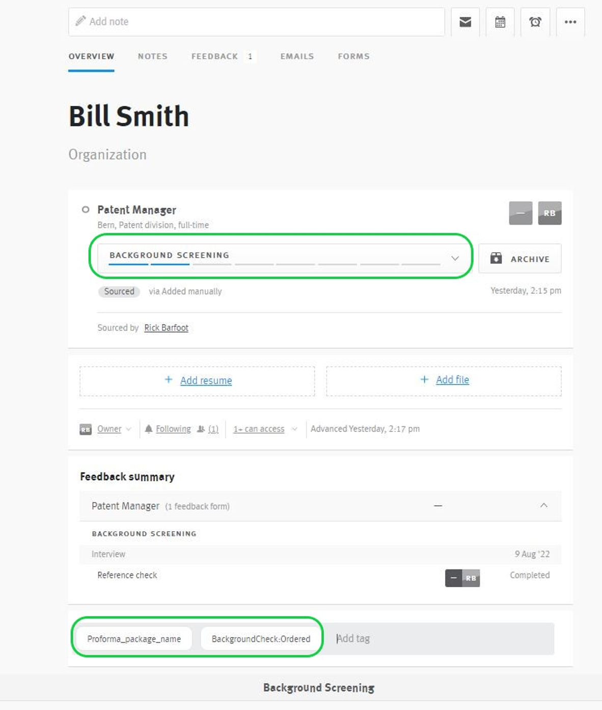 Lever candidate profile with stage and proforma tags outlined