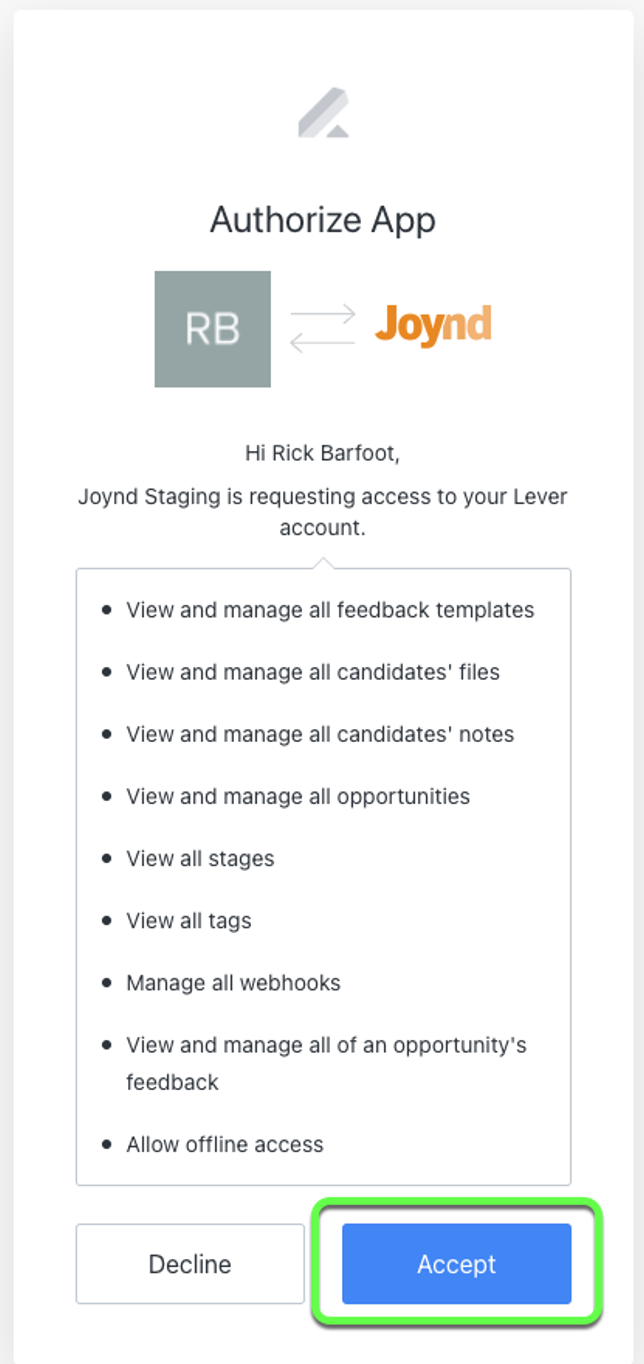 Authorize app modal with list of permissions and blue accept button outlined