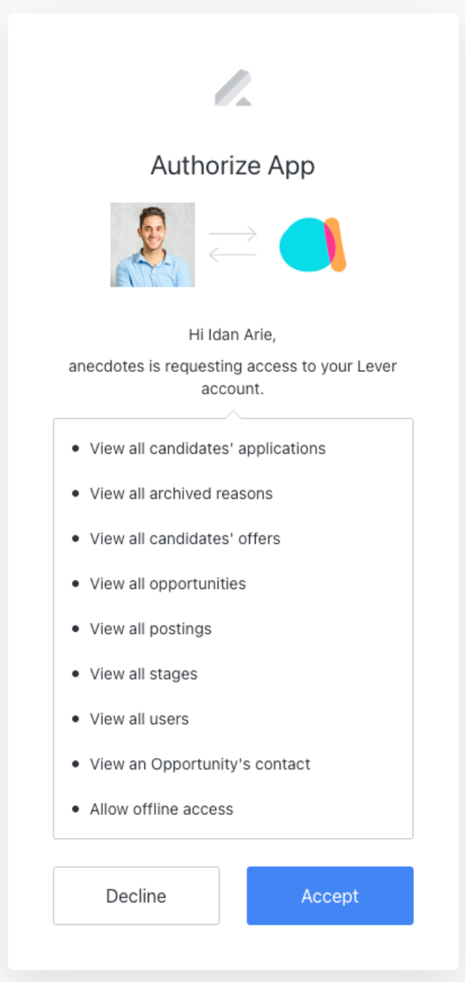 Authorize app modal with list of permissions and blue accept button