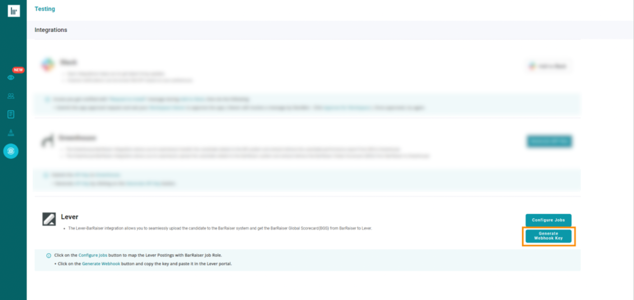 BarRaiser platform with list of integrations showing Lever card with generate webhook key button outlined.