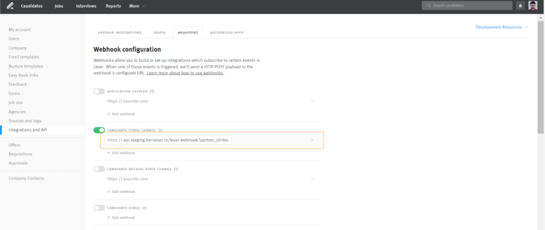 Lever webhook configuration page with candidate stage change field outlined.