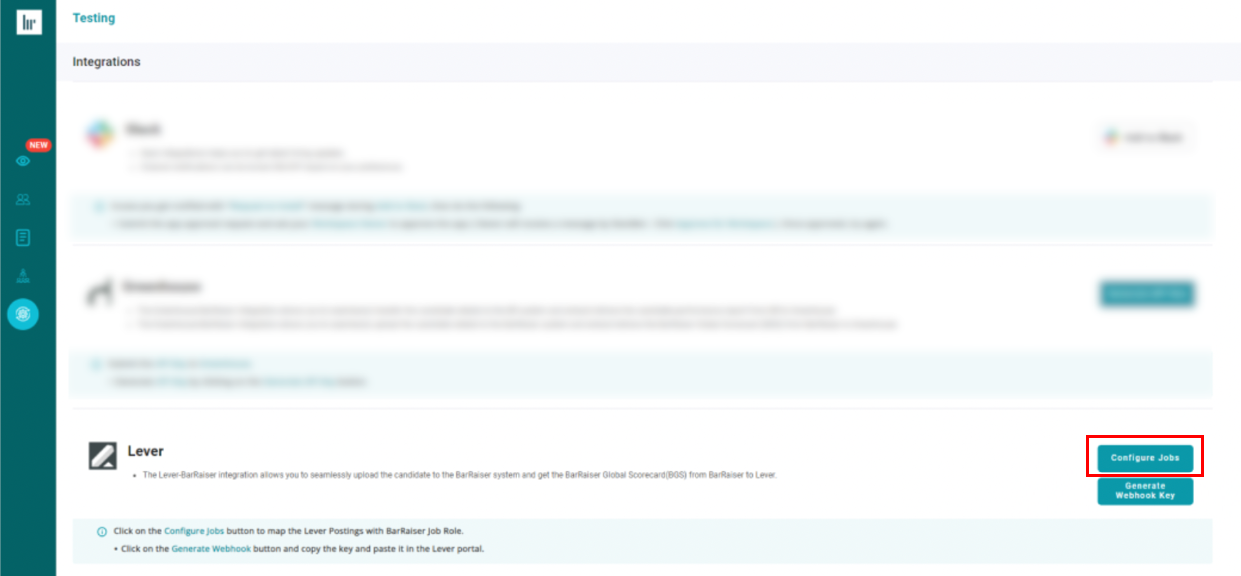 BarRaiser with list of integrations showing Lever card with configure jobs button outlined.