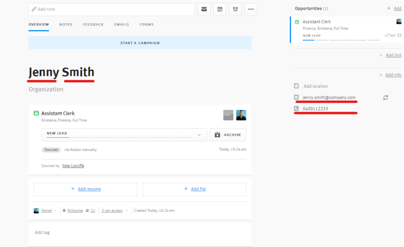 Candidate profile with candidate name, email, and phone number underlined