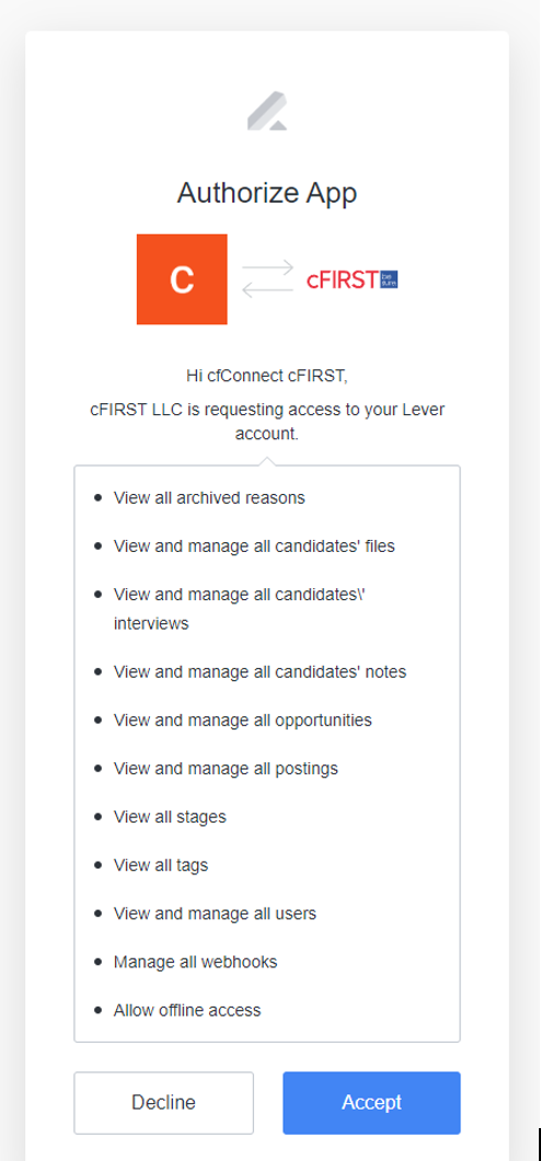Lever authorize app modal with list of permissions and blue accept button
