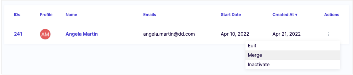 Cleary platform candidate listing showing action menu dropdown.