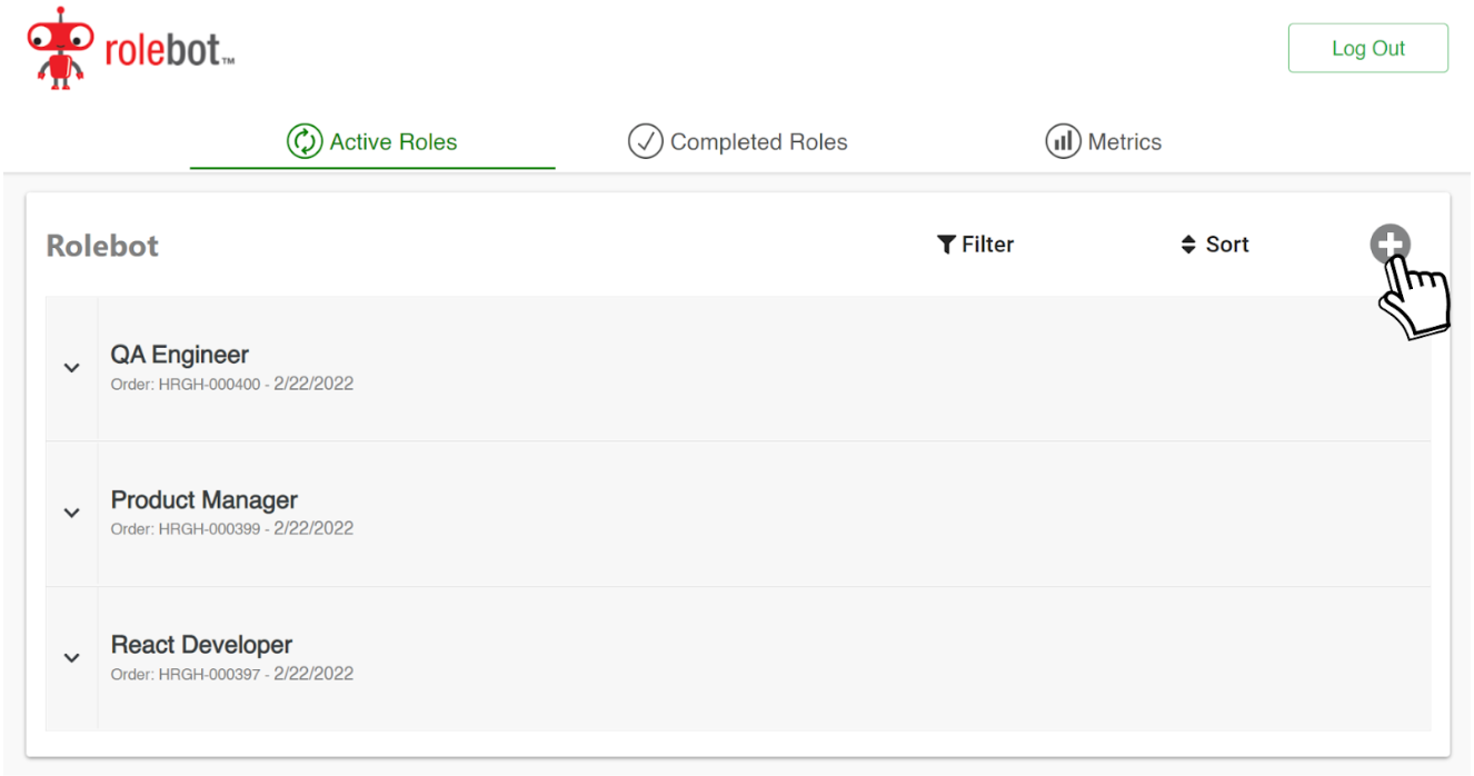 Rolebot platform with list of job postings and cursor clicking plus button.