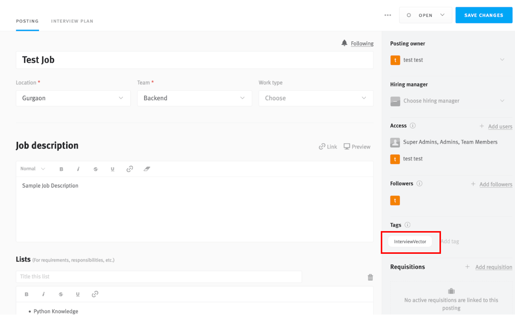 Lever job posting with interviewfactor tag outlined.