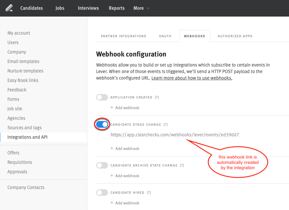 Lever integrations and API settings showing candidate stage change toggle on blue.